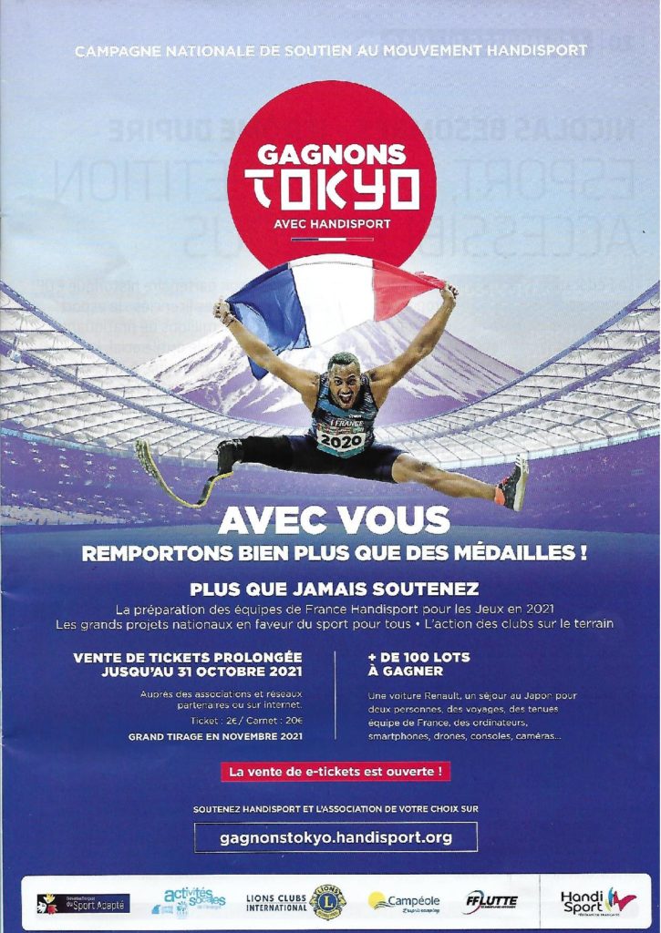 Affiche de la FFH de la Tombola Gagnons Tokyo représentant un athlète en plein saut brandissant el drapeau françaissut