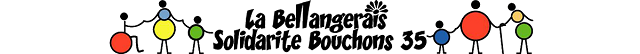 Bannière de l'association La Bellangerais Solidarité Bouchons 35 . On y voit une farandole de personnes se donnant la main : une canne et un fauteuil symbolisant le handicap