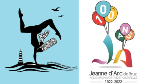 Deux affiches des évènements 2002: la bigoudène avec un pahre en arrière plan et les 100 ans avec ses ballons colorés soutebnant le logo de la JA
