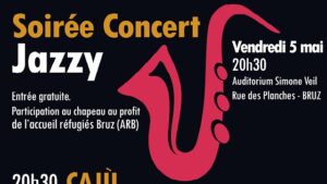 Affiche de la soiree Jazzy avec un gros saxophone rose