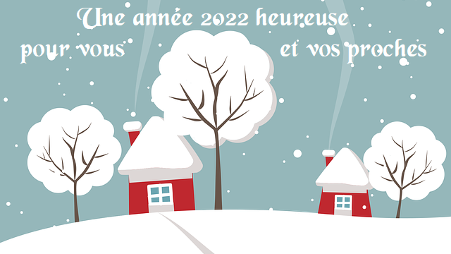 Un dessin stylisé représentant une maison dans la forêt enneigée avec écrit "Une année 2022 heureuse pour vous et vos proches"