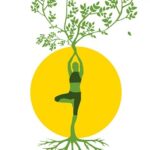 Posture de yoga sur fond d'arbre de vie et soleil jaune